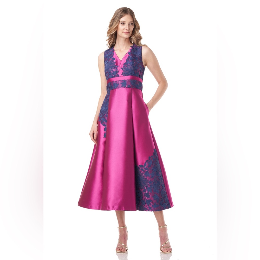 Kay Unger Tessa Lace Tea Length Gown Fuschia/Navy